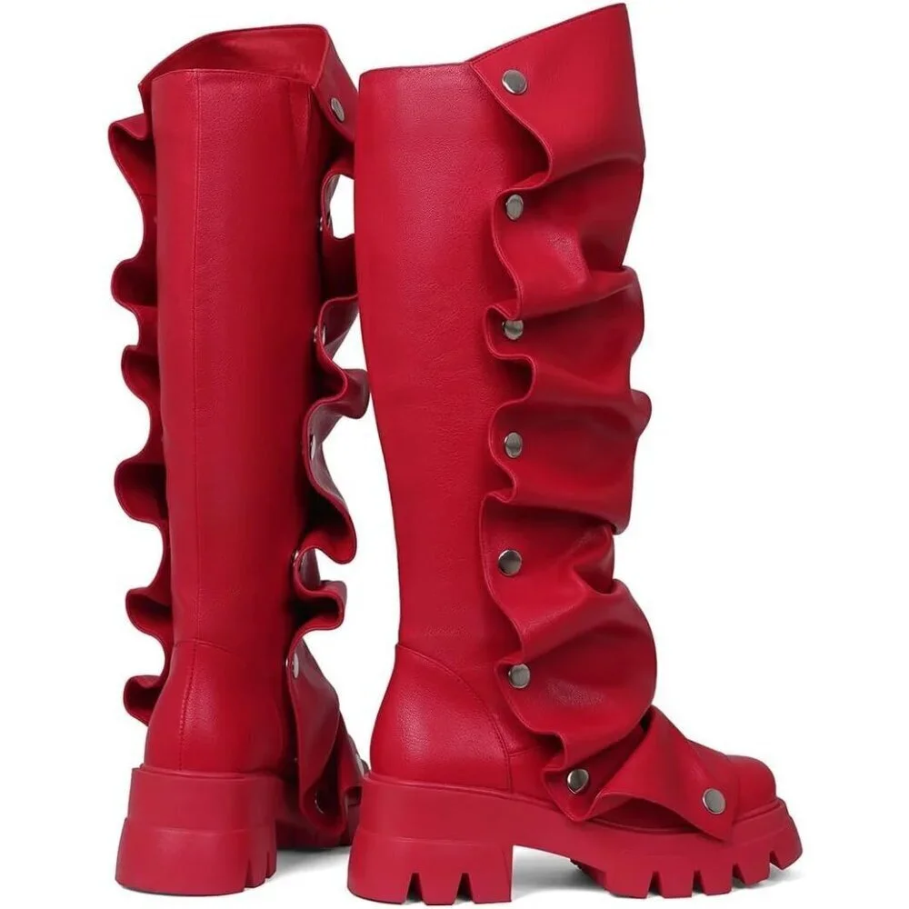 Women's Red Pu Fold Over Knee Slouchy Ruched Stacked Heel Round Toe Boots